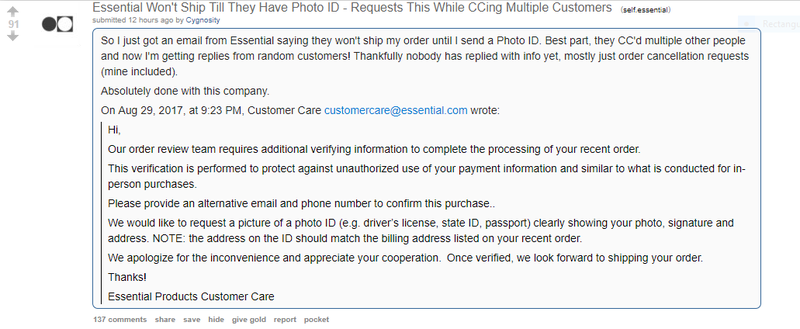 This is just one report of many from customers who have gotten suspicious emails from Essential. (Screenshot: Reddit)